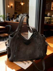 1pc Vintage Large Capacity Handbag, Vintage PU Shoulder Messenger Bag, Women Casual Tote Bag And Wallet - Black - View 5