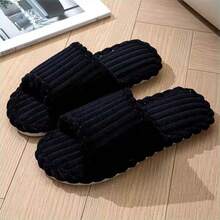 New Stylish And Simple Striped Open-Toe Cotton Slippers For Indoor Use, Perfect For Couples. - Black - View 4