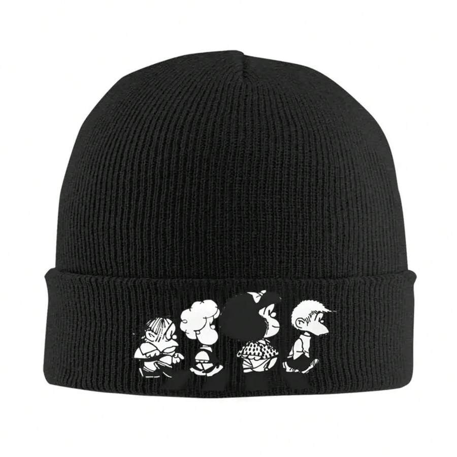 Mafalda & Friends Cartoon Beanie - Black Knit Winter Hat With Elastic Fit, Warm & Stylish For Men & Women, Perfect For Outdoor Sports & Casual Wear, Ideal Gift For Fans, Winter Headwear| Playful Design| Acrylic Beanie - 灰色的 - 查看 1