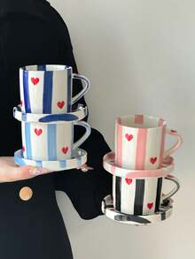 1pc Classic Striped Heart Ceramic Coffee Cup & Saucer Set, Cute Korean Ins Style Mug, Paired With Classic Striped Heart Coaster, Adorable, Creative, Personalized Breakfast Cup, Tea Cup, Coffee Cup - Perfect Birthday And Holiday Gift, Suitable For Home Use, Great Gift For Him, Fun Cup. - Multicolor - View 5