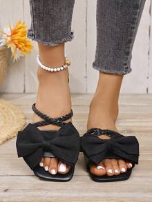 Sandalias de mujer de plástico plano con punta cuadrada, elegantes y sexys, con lazo y tejido cruzado, versátiles para el hogar, el trayecto, las citas, las fiestas, las vacaciones, la playa, adecuadas para el Día de San Valentín, festivales de mujeres, Halloween, Ramadán, vuelta al colegio, festivales de música, temporada de bodas, regalo ideal para cualquier ocasión - Negro - Ver 4