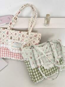 1 Stück süße Spitzen-Karo-Patchwork-Schultertasche, süße Karo-Cartoon-Muster Damen-Multifunktions-Handtasche, große Kapazität Handtasche, Schultertasche, Pendler-Tasche, Urlaubstasche, Damen-Mode-Handtasche, perfekt für Mädchen und weibliche College-Studentinnen zum Einkaufen und Reisen, perfekt für Urlaub und Festivals, Urlaubsgeschenk für beste Freundinnen - Verschiedenfarbig - Übersicht 2