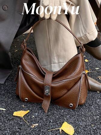 Women's Crescent Shoulder Bag, Fashion Personalized Street Design, Spacious, Suitable For Ladies, Girls, College Students, Suitable For Shopping, Commuting, Party, Coffee Color
