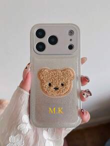 1个个性化奢华皮革纹理刺绣小熊手机壳，可定制字母名字，兼容 17/16/15/14/13/12/11 Pro Max/16 Plus/17 Air，全方位摄像头保护防震手机壳，金色、银色、橙色可选，简约复古情侣手机壳，绝佳生日礼物、圣诞礼物、送给她的礼物、个性化礼物、Etsy/定制产品、送给她的定制礼物、周年纪念/结婚礼物 - 橘色 - 查看 3