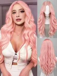 28-32 Inch Elegant Pink Long Curly Synthetic Wig With Natural Bangs, Wavy Curly Synthetic Wig Suitable For Women - Heat Resistant Fiber, Natural Middle Part, Full Curl, Suitable For Daily Wear, Parties And Halloween - Multicolor - View 3