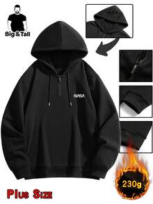 秋冬季连帽半开衫卫衣时尚字母印花毛绒保暖外套大口袋休闲运动服开衫衣服 - 黑色 - 查看 9