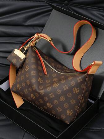 Bolso de hombro de mujer con gran capacidad, estilo casual con estampado de letras, colgante y cruzado. Bolso sencillo y elegante con correa ancha de color contrastante. Bolso de moda retro y elegante para compras, fiestas y vacaciones.