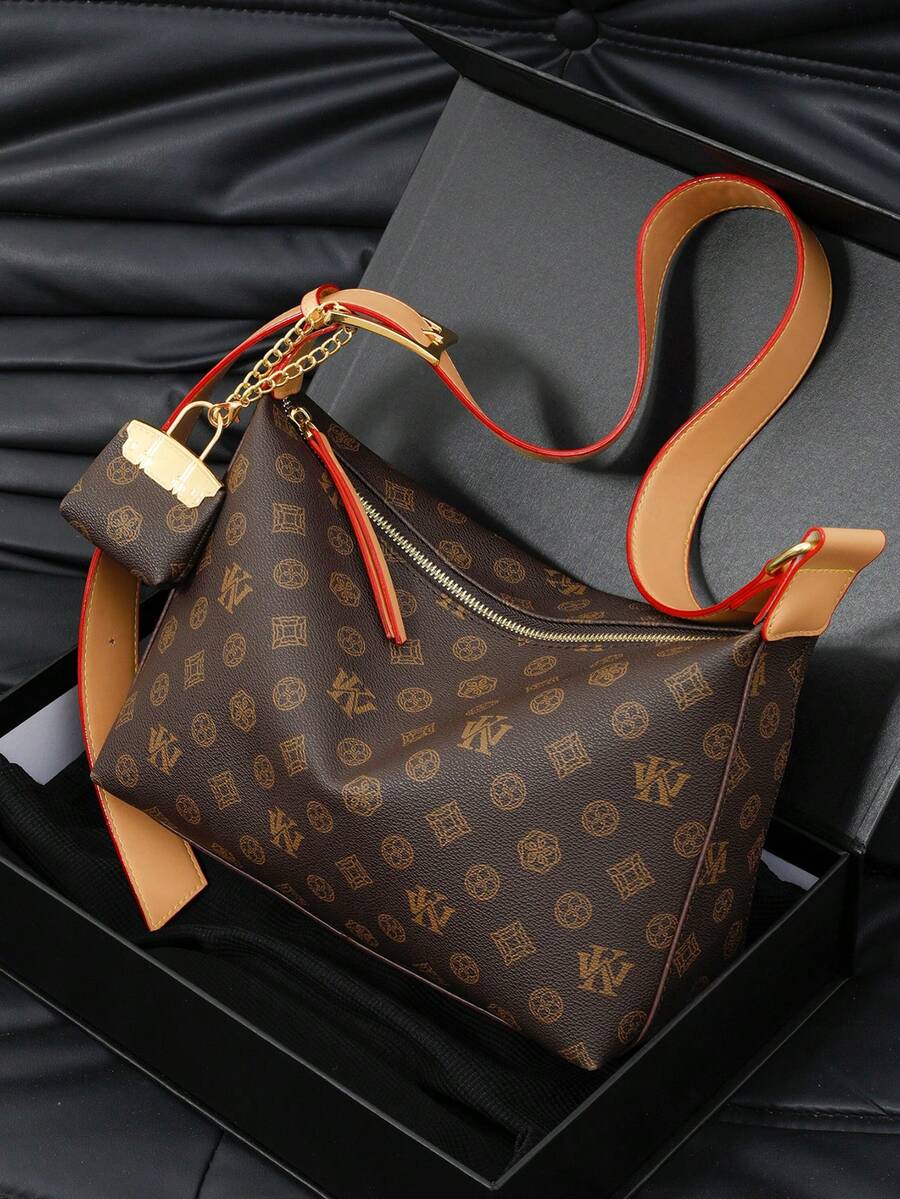 女士大容量休闲字母印花挂袋斜挎包，简约优雅撞色宽肩带单肩包，复古时尚街头风手提包，适合购物、聚会、度假 - 咖啡棕 - 查看 1