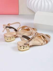 Girls' Glittery Flat Sandals, Fashion Buckle Closure Open Toe Casual Daily Party Sexy Chunky Heel Silver Sandals For Teenagers - Champagne - View 3