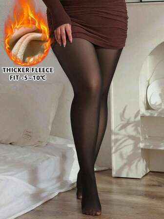 1pc 200g Plus Size Faux Sheer Thick Thermal Lined Leggings, Women's Warm Tights, Soft Fuzzy Thermal Pantyhose, Fashionable Minimalist Black Stockings For Daily Wear, Suitable For Halloween, Christmas, Temperature 5-25°C
