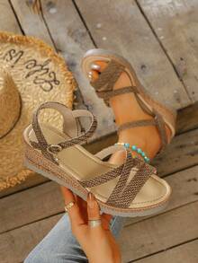 2026 New Women's Criss-Cross Strap Bohemian Style Thick Bottom Sandals, Fashion High Heel Slip-On Sandals Suitable For Party, Date, Wedding And Many Occasions - Brown - View 2