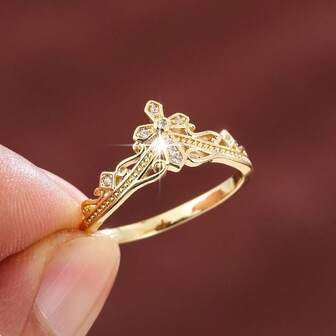 1pc Minimalist Crown Design Cubic Zirconia Embellished Ring, Casual Gift