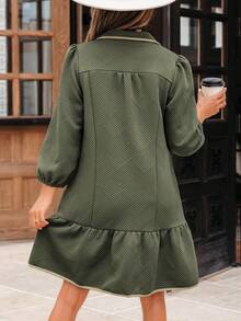 Acelitt Women's Jungle Green Quarter Zip Collar 3/4 Sleeve Textured Mini Knit Dress, Autumn Elegant - Green - View 2