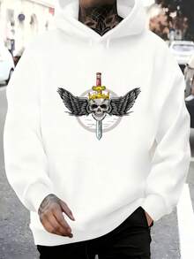 Men's Hooded Sweatshirt, Fashionable Men's Hoodie With Skull Print Featuring A Crown And Winged Sword, Perfect For Everyday Wear, Casual Urban Style For Autumn And Winter, Great For Christmas Outfit Ideas, Ideal For Outdoor Activities, Parties, And The Best Gift For Friends. - 白色 - 查看 1