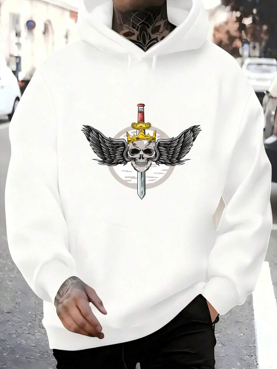 Men's Hooded Sweatshirt, Fashionable Men's Hoodie With Skull Print Featuring A Crown And Winged Sword, Perfect For Everyday Wear, Casual Urban Style For Autumn And Winter, Great For Christmas Outfit Ideas, Ideal For Outdoor Activities, Parties, And The Best Gift For Friends. - 白色 - 查看 1