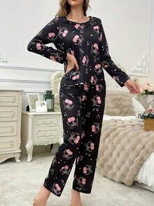 2pcs Women Cute Cherry Print Comfortable Long Sleeve Pajama Set - Black - View 6