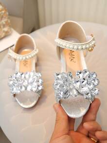1 Pair Children's Sandals, Available In Small/Medium/Large, Rhinestone, Pearl, Bow Decor, PU Patchwork Round Toe, Flat, Suitable For Daily Wear, Dance, Outdoor, Festivals, Parties, Glitter Decorated Princess Sandals, Suitable For Spring/Summer/Autumn - Silver - View 2