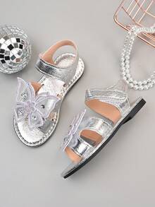 1双女童闪亮蝴蝶结装饰简约优雅平底凉鞋，防滑轻便舒适，适合派对、休闲、户外穿着 - 銀色 - 查看 4