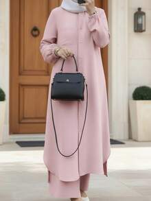 Women's Elegant Casual Solid Color Button Design Long Jacket With Lantern Sleeve And Long Wide Leg Pants Set, Fashionable Casual Elegant Cute Arabic Style Maxi Dress Two Pieces Set, Suitable For Spring, Summer, Autumn And Winter