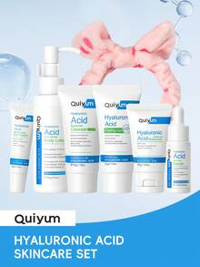 1套6入組保濕QUIYUM玻尿酸護膚套裝（面霜30g＆潔面乳50g＆眼霜15g＆面部精華液17ml＆去角質磨砂膏50g＆身體乳100g），保濕和提亮皮膚護理禮盒，改善整體膚色，護膚禮品袋，適合女性和女孩自我護理旅行必備品 - 藍色 - 查看 1