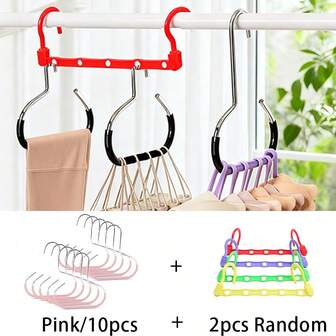 10PCS Functional Space-Saving Hat & Scarf Hanger - Free 5-Hook Hanger (Random Color) Included, Non-Slip Clothes Hanger, Fits Closet/Wall/Balcony, Durable & Versatile For Hats, Ties, Scarves, Lightweight Clothing