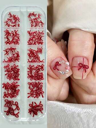 12Grids Christmas Bow Nail Charms Red Bowknot 3D Nail Art Rhinestone Design Nail Supplies Cute Nail Art Charms Nail Accessories For Women Manicure DIY Jewels Decoration