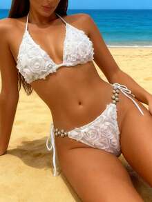 2 piezas Conjunto de bikini elegante y sexy con espalda anudada de unicolor, adecuado para vacaciones y playa en verano blanco - Blanco - Ver 5