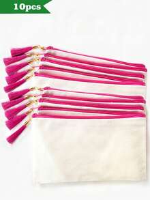 1个/5个/10个装帆布拉链带流苏收纳袋,旅行化妆包,化妆品收纳包,铅笔盒,适合度假、海滩、浴室、卧室使用,大容量 - 米色 - 查看 50