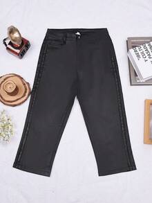 Quần Capris Căng cao Túi Chất rắn chất liệu da PU Ràng buộc Bên Gầy - màu đen - Xem 7