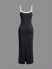 2025 时尚新款时尚音乐节派对约会流行教师服装通勤极简主义办公室服装复古简约撞色长开叉下摆修身针织连衣裙春夏