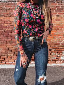 Acelitt Women's Rose Print Mesh Long Sleeve Stand Collar Fitted Blouse, Spring/Autumn