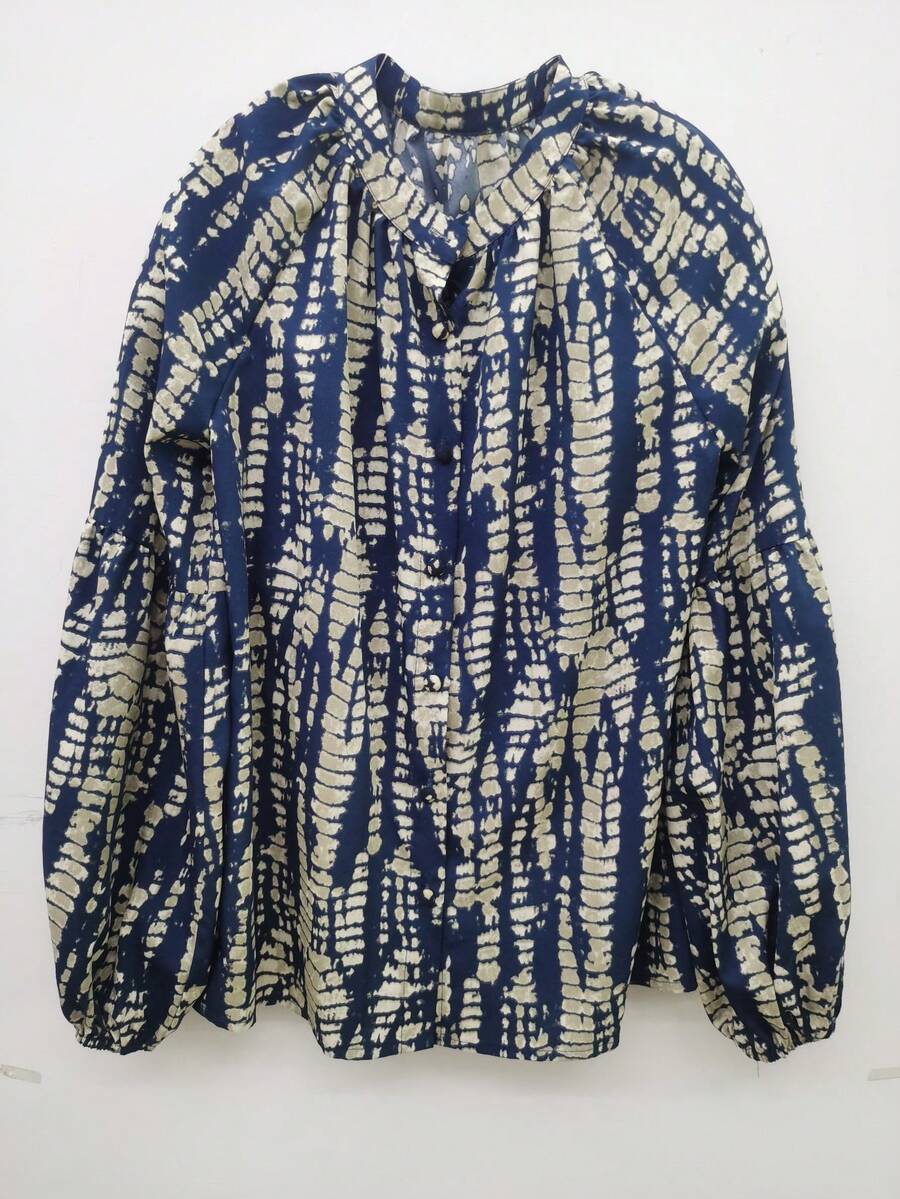 女款休閒波希米亞風紮染長袖襯衫，燈籠袖展現隨性風格，適合辦公室/度假及日常穿著，春秋女裝，舒適輕盈 - 可機洗 - 寶藍色 - 查看 1