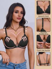 1 pieza Sujetador con cierre delantero cómodo con decoración de encaje, diseño de moda adecuado para uso diario, ajuste perfecto y soporte en varios tamaños - Negro - Ver 3