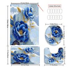 1/3/4 件套浴帘浴室套装，蓝色花卉图案，防水耐用配件，带 12 个挂钩 - 包括马桶座套、浴垫和地毯 - 防滑涤纶面料 - 可水洗 - 非常适合节日装饰、家居/卧室/房屋/西式装饰。 - 彩色 - 查看 13