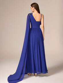 VIPGIRL 优雅奢华女士长款雪纺晚礼服，不对称领口饰有串珠细节，飘逸袖子和层叠下摆。 - 湖藍色 - 查看 2