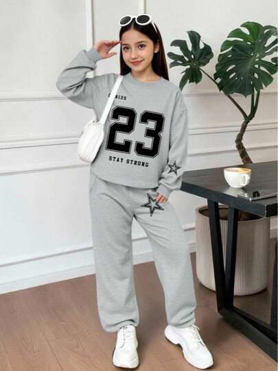 2pcs/Set Girls Letter Print Sweatshirt And Drawstring Pants, Casual Hoodie Outfit, Suitable For Back To School, Graduation, Daily Casual Wear