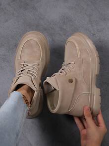 Botas cortas hasta el tobillo para mujer, botas de trabajo de moda con cordones para exteriores, botas altas casuales para montar, adecuadas para todas las estaciones