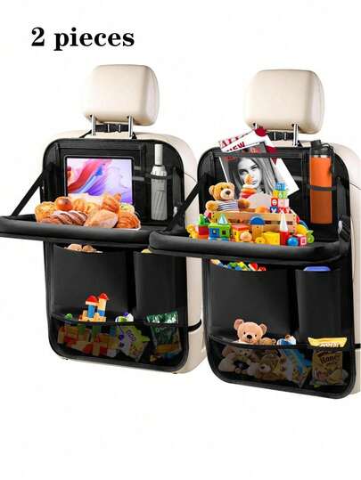 2pcs/Set Car Backseat Storage Bag With Foldable Tray And Tablet Holder, Multi-Pocket Organizer Bag With 6 Storage Compartments For Toys, Snacks, Cups, Phones, Chargers And Books, Universal Car Seat Back Protector With Anti-Kick And Anti-Spill Features, Foldable Travel Accessory Suitable For Road Trips, Commuting, Airport Transfers, Outdoor Adventures And Holiday Gifts