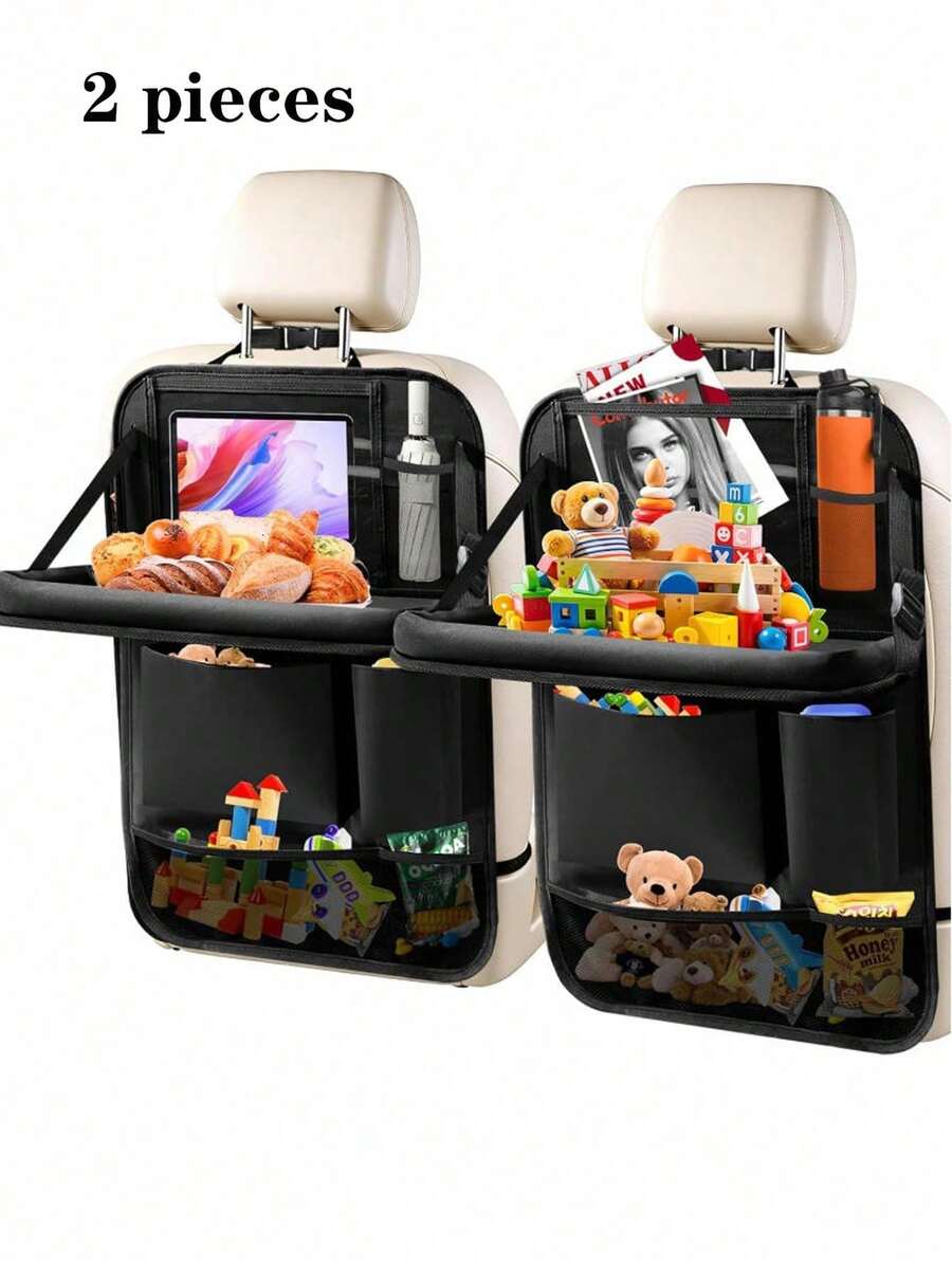 2 piezas/Set Bolsa de almacenamiento para el asiento trasero del coche con bandeja plegable y soporte para tableta, organizador de bolsillo múltiple con 6 compartimentos de almacenamiento para juguetes, bocadillos, tazas, teléfonos, cargadores y libros, protector de respaldo de asiento de coche universal con características antirrasguños y antiderrames, accesorio de viaje plegable adecuado para viajes por carretera, viajes al trabajo, traslados al aeropuerto, aventuras al aire libre y regalos festivos