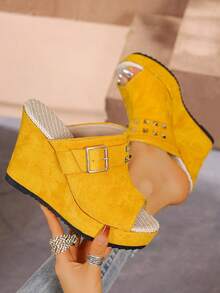 2026 New Women's Rivet Decor Sandals, Bohemian Style Fashion Wedge Heels, Summer Open Toe Slip-On High Heel Shoes, Suitable For Party, Date, Wedding And Many Occasions, Design - Yellow - View 6