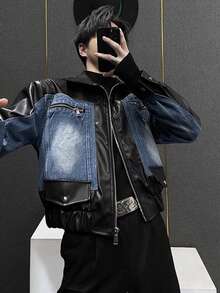 Spring And Autumn Vintage Patchwork Denim Jacket, Men's Niche Splicing Design Korean Short Jacket Casual Top - 黑色 - 查看 4