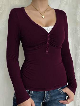 Camiseta de mujer Y2K para otoño, ropa casual diaria, sexy, de unicolor, con encaje y contraste de color, de manga larga y cuello en V, ajustada