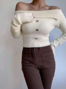 1 pieza Suéter sexy de un hombro de unicolor, con ribete acanalado, de manga larga, de punto, de talla ajustada y de longitud corta, versátil - Albaricoque - Ver 6