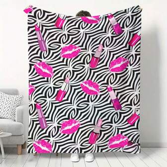1pc Soft & Cozy Flannel Blanket With Zebra Print & Lip Pattern, Patchwork Design, Warm & Versatile For All Seasons, Suitable For Sofa, Bed, Travel And Camping