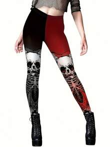 Women's Gothic Black & Print High-Waisted Leggings - Tight-Fitting Stretch Pants With Thigh Bone Accent, All-Season Wear For Casual & Gothic Outfits, Machine Washable (Skull Pattern Trousers) - phong cách - Xem 1