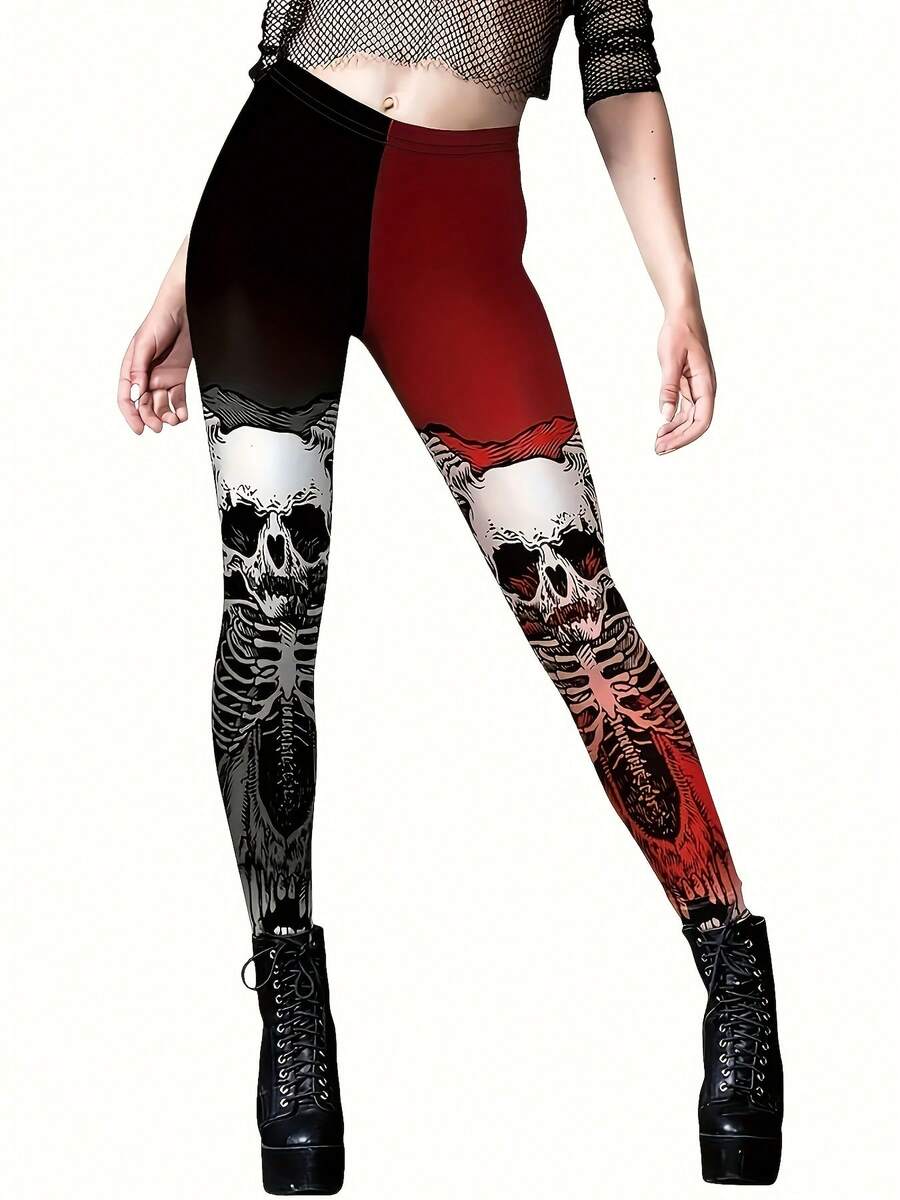 Women's Gothic Black & Print High-Waisted Leggings - Tight-Fitting Stretch Pants With Thigh Bone Accent, All-Season Wear For Casual & Gothic Outfits, Machine Washable (Skull Pattern Trousers) - phong cách - Xem 1