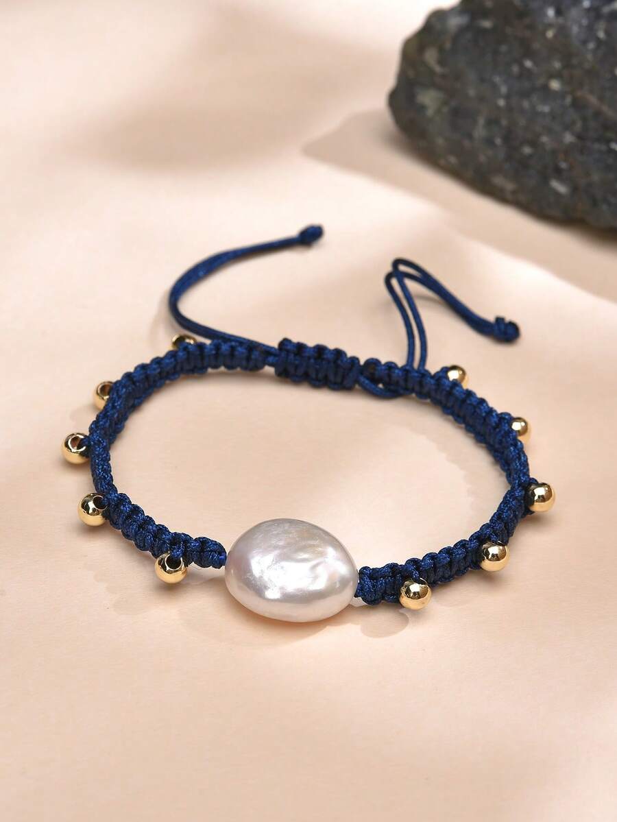 1pc 18K Gold Plated Natural Pearl Handmade Braided Bracelet, Suitable For Men And Women, Everyday Wear - Blue - View 1
