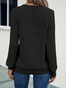 Elegantes Rippstrick-Patchwork-T-Shirt in Große Größen mit V-Ausschnitt, minimalistischer Modestrick-Top für Frauen, Herbst/Winter