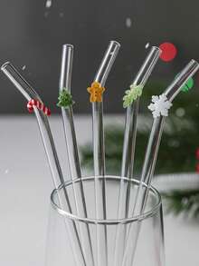 1/5 piezas Pajita de vidrio reutilizable con pan de jengibre, bastón de caramelo y copos de nieve, set de regalo festivo, pajita de vidrio reutilizable y resistente al calor, perfecta para restaurantes, batidos, milkshakes, té, jugo, decoración estética divertida - transparente - Ver 3