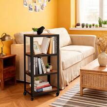 4-Tier Industrial Storage Shelf With Wheels, 90cm Tall Rustic Brown & Black Metal Wood Bookcase For Home Office, Multi-Functional Display Rack - 1 - Xem 9